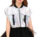 Perfashion Girls Vest Cropped Cargo Metallic Jacket Buckle Zip Up With Pockets Streetwear Outfit 4-13Y (10-11 Years, Laser Silver Vest 01-425)