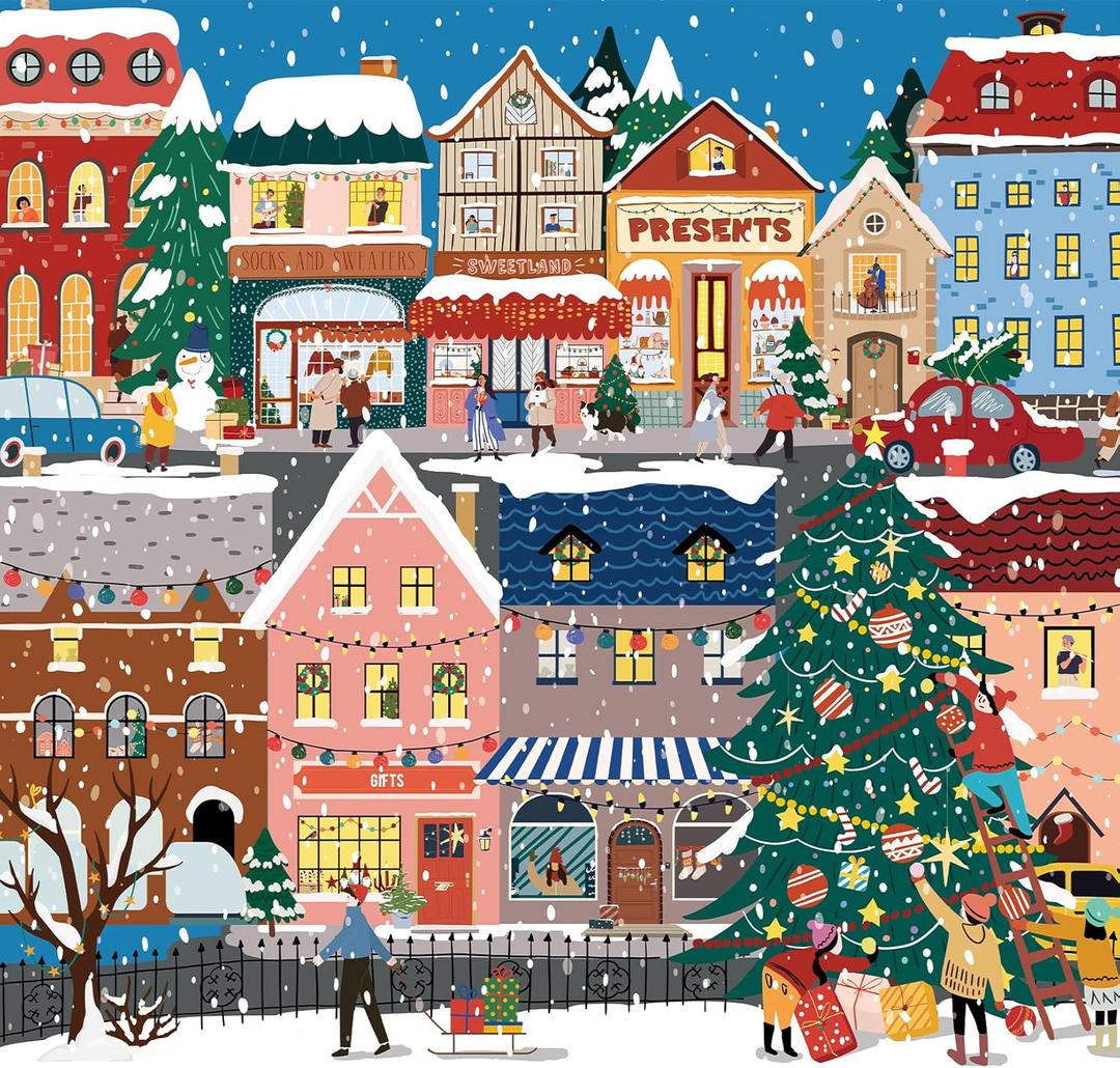 1000 Piece Christmas Puzzle for Adults, Festive Winter Village Jigsaw Puzzle with Glitter Snow Effect, Holiday Street Scene Puzzle, Perfect for Christmas Fun, 24 x 24 Inches