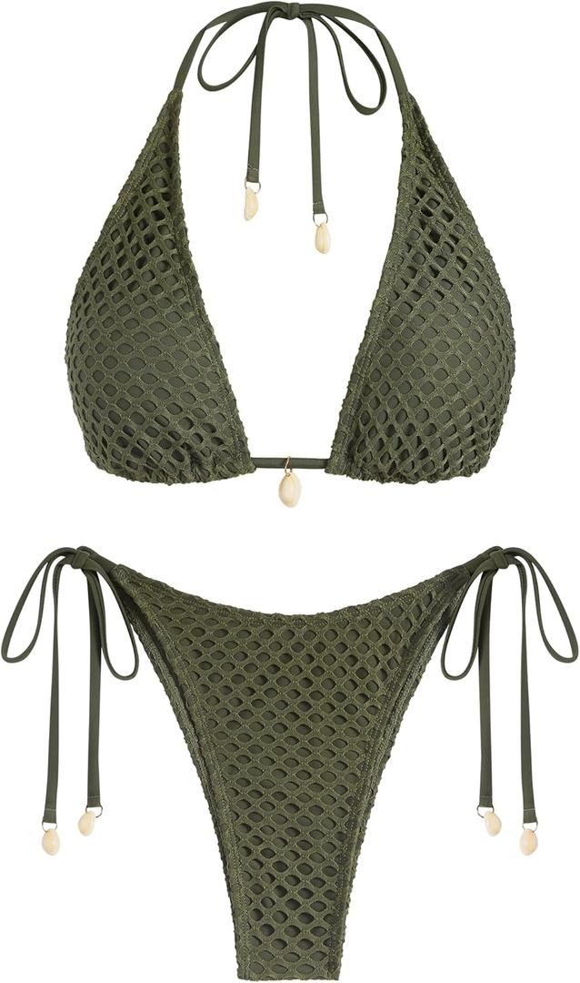 ZAFUL Women's Triangle Bikini Multiway Fishnet Tie Side Bandeau Halter String Bikini Set Two Piece Swimsuit Bathing Suits (Green, L)