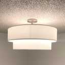4 Light Off White Double Drum Fabric Shade Semi Flush Mount Ceiling Light,Close to Ceiling Light Fixture Brushed Nickel Finish,18 inch Semi Flush Drum Light for Bedroom,Living Room,Dining Room Hallway