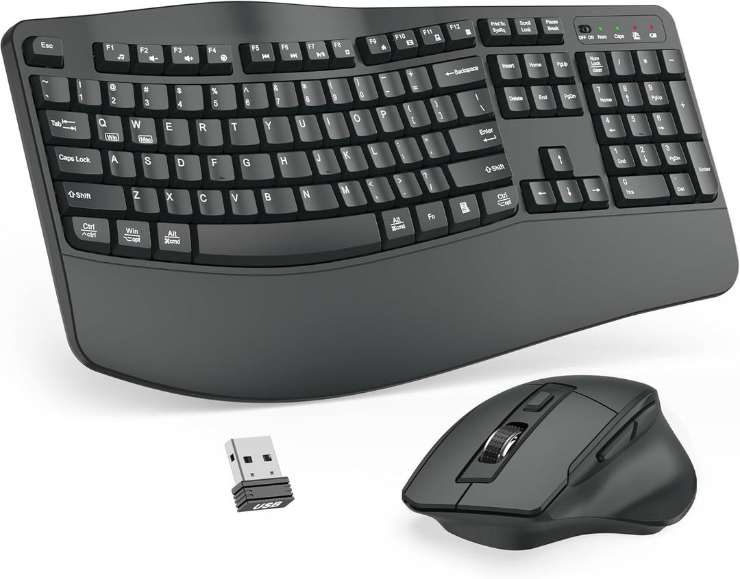 Wireless Keyboard and Mouse Combo, 2.4G Full Size Wave Keys Ergonomic Keyboard with Wrist Rest and 3-Level DPI Adjustable Wireless Ergonomic Mouse for Windows, Mac OS Desktop/Laptop/PC(Graphite)