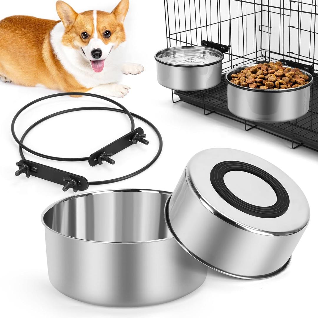 Dog Kennel Water Bowl Hanging, Shine Me 2 Pack 34oz & 25oz Nonslip Stainless Steel Dog & Cat Food and Water Feeder Bowls Mounts to Wire Crates Cages Kennels