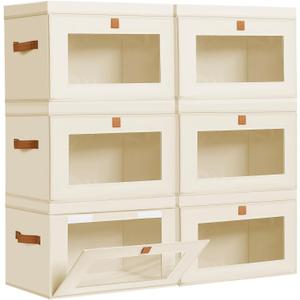 DIMJ Storage Bins with Lids - 6 Pack Large Fabric Closet Organizer with Window & Handles, Collapsible Decorative Storage Boxes for Shelves Under Bed, Books Clothes Blankets Sweaters Organization (Beige)