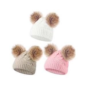Geyoga Kids Toddler Winter Pompom Hat Baby Knitted Beanie Hat Faux Fur Pom Beanie Cap for Girls Boys 1-3 Years Old (Beige, Pink, White) 