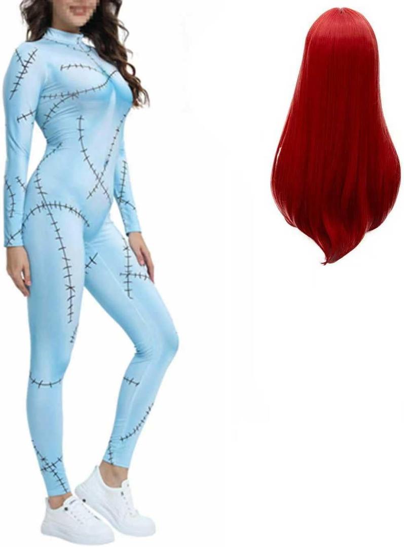 2PCS Christmas Nightmare Costume for Women 3D printed Halloween Cosplay Bodysuit Adults Dress Up Set With Red Wig (X-Large)