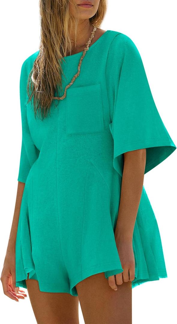 Yousify Women's Summer Rompers Dressy Casual Spring Short Sleeve Tshirt Romper Dress Loose Fit Flowy Jumpsuit with Pocket Green L