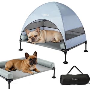 iweepet 4 in 1Elevated Dog Bed with Removable Canopy & Side Bolster Pillows, Cooling Raised Pet Cot with Breathable Teslin Mesh, Portable Outdoor Dog Bed with Carry Bag for Camping, Patio, Backyard,M (34.6"L x 7.08"W x 21.6"Th)