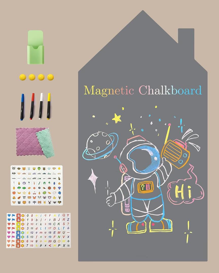 Magnetic Wall Decal for Kids, Magnetic Chalkboard Contact Paper for Wall, Playroom Essentials, Includes Dustless Chalks, Chalk Holder, Wipe Cloth, Stickers (Grey House, 34.6" x 58.3")