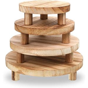 4 Pcs Wooden Risers Display Stands, Round Wood Risers Display Pedestal Stands Mini Tiered Tray Stand Rustic Wood Riser for Home Decor Kitchen Counter (5", 6", 7", 8",Brown)