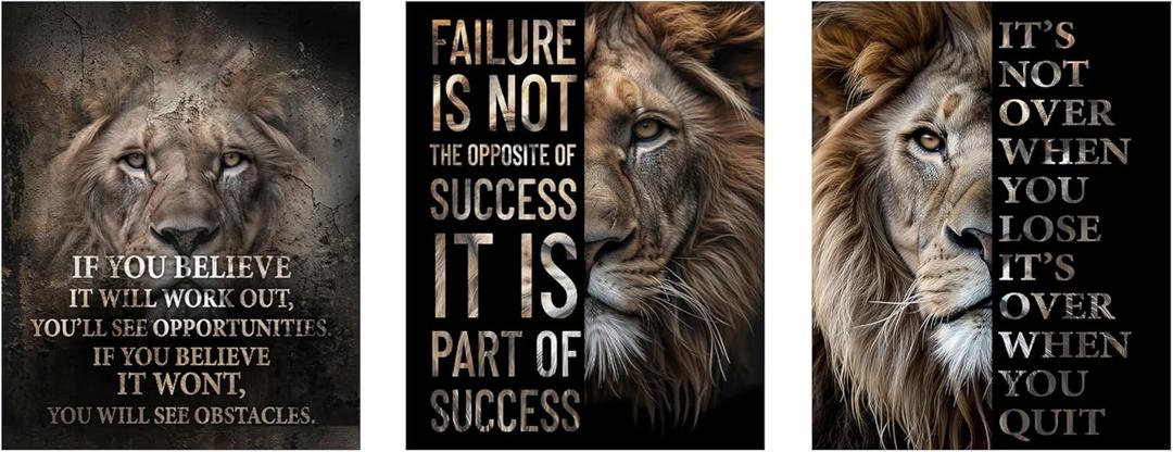 AMERICAN LUXURY GIFTS Motivational Lion Wall Art Print 11x14 Unframed (3-Pieces), Success Entrepreneur Inspirational Quotes Decor for Home, Office, Living Room, and Teen Boys Bedroom