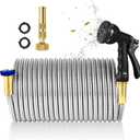 304 Stainless Steel Garden Hose with Brass Nozzle 100FT Outdoor Hose, 7 Function Spray Gun Solid Metal Fittings Water Hose Flexible Kink Free and Easy to Store