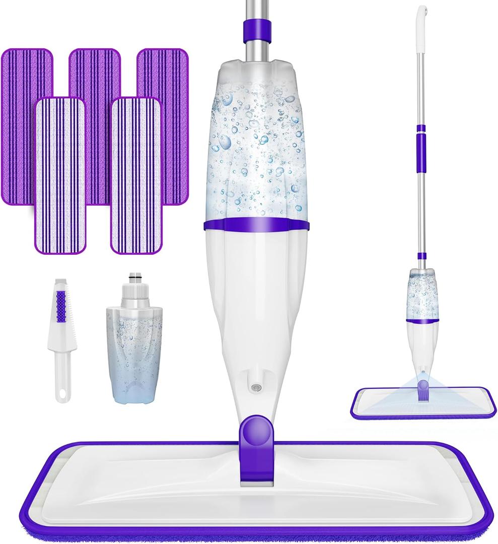 Spray Mops for Hardwood Floor Cleaning: EXEGO Wet Mops with 5 Microfiber Refillable Pads for Swiffer Powermop - Floor Mop with Sprayer Dust Dry Mopping Tools for Tile Wood Laminate Vinyl Marble (Purple)