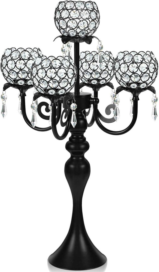 22.5" Black Metal & Crystal Tea Light Candle Holder - Wedding, Party Centerpiece for Events, Decorative Chandelier (1, Black)