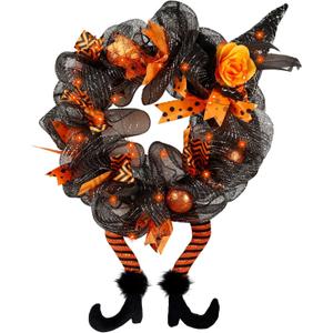 yosager Halloween Wreaths, Halloween Decorations Witch Hat and Legs Wreath, Lighted with 30 LED Orange Lights, Front Door Wall Light up Wreath Ornaments Holiday Party Thanksgiving Decor