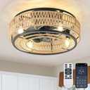 18 Inch Caged Ceiling Fans with Lights and Remote, Boho Flush Mount Fandelier Ceiling Fan with Light, Low Profile Rattan Farmhouse Ceiling Fan 6 Speeds Reversible for Bedroom,Kitchen, Include Bulbs