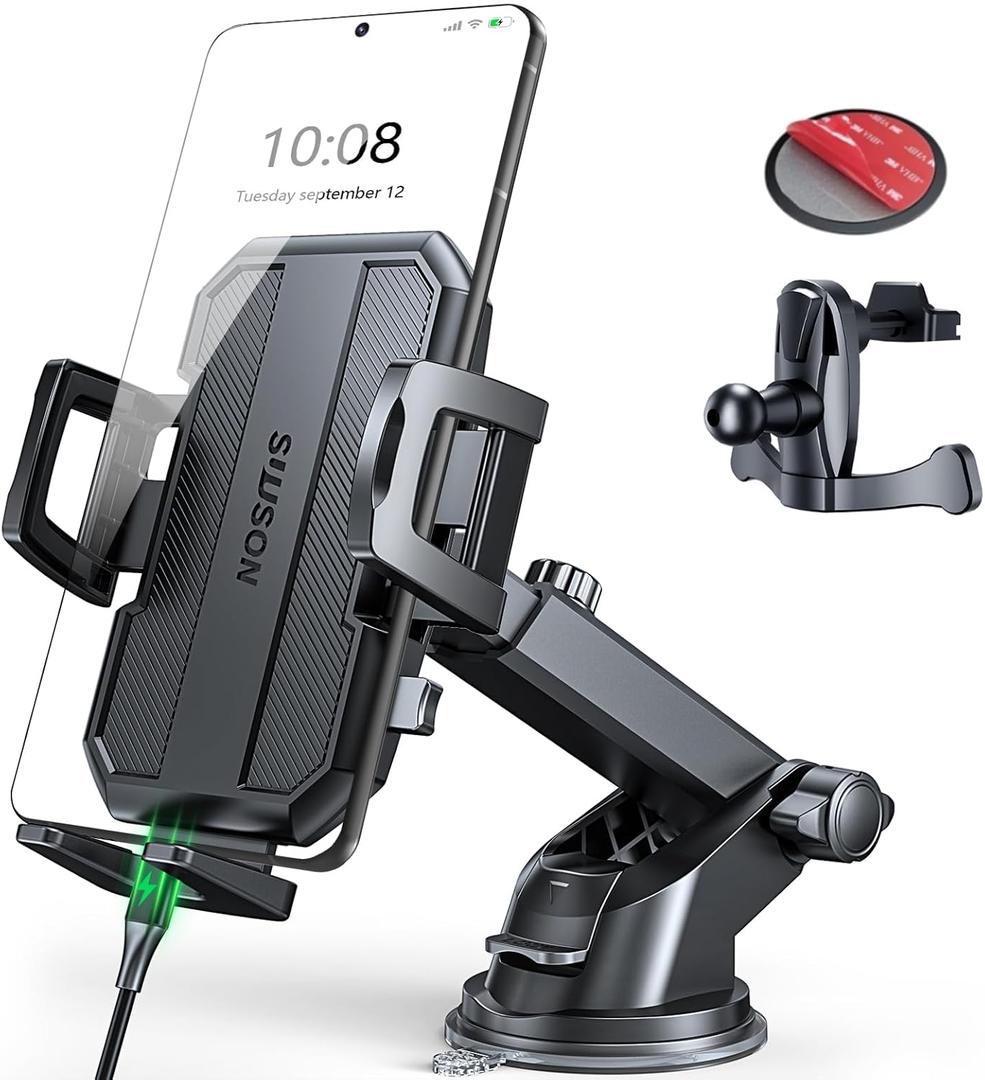 SUUSON Upgraded 3-in-1 Car Phone Holder Mount [Powerful Suction] Phone Mount for Car Dashboard Air Vent Windshield,for All iPhone Android Phone, Dark Black