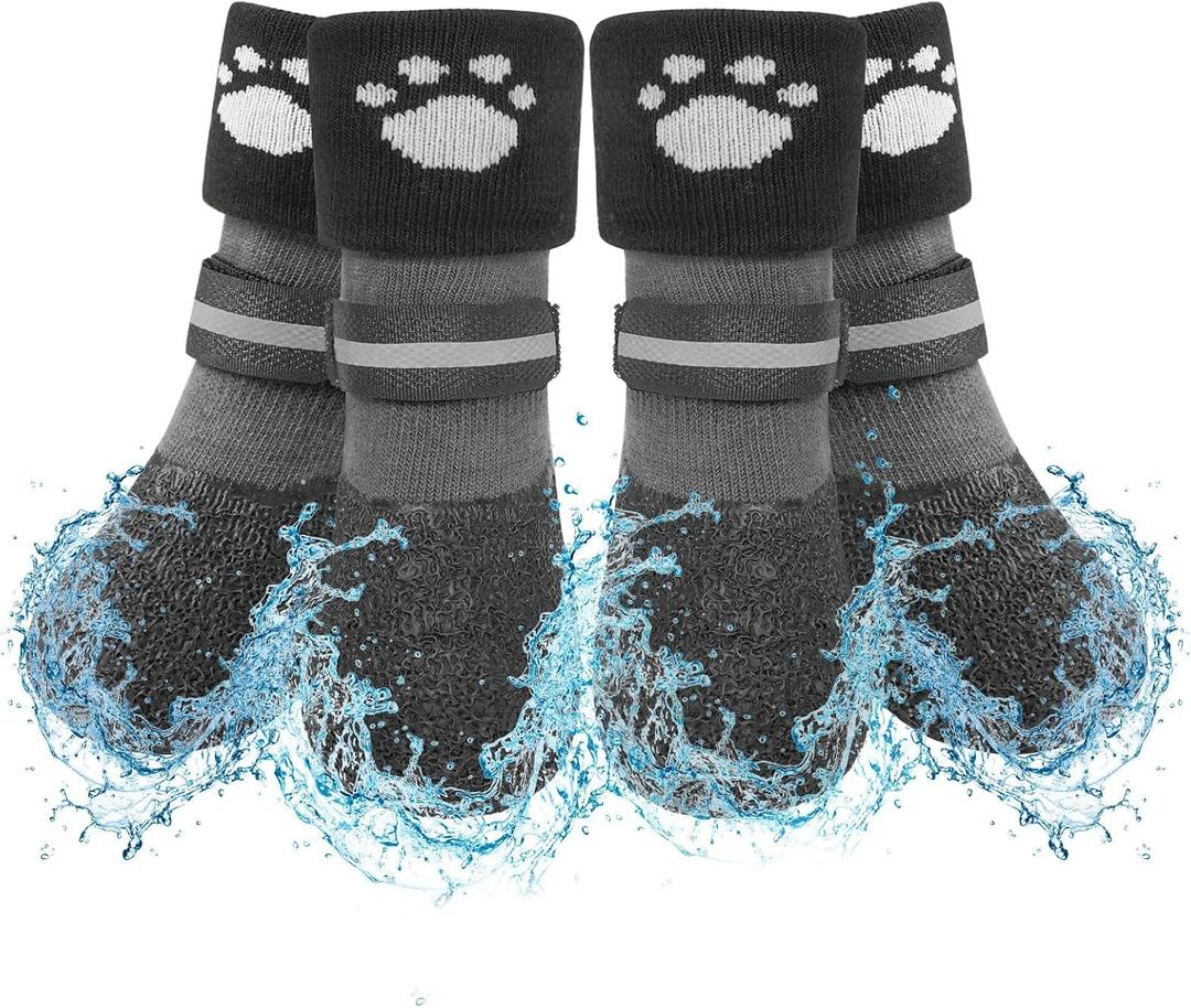 SCENEREAL Anti Slip Dog Socks Boots, Dog Shoes for Hot/Cold Pavement Snow Rain Days, Waterproof Grip Doggy Booties for Hardwood Floor, Winter Paw Protectors for Small Medium Large Senior Old Dogs (Black)