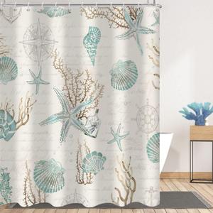 Starfish and Seashells Shower Curtain, Weighted Bottom Vintage Beige Ivory Coral Conch Nautical Oncean Beach Bathroom Curtain Waterproof Fabric Machine Washable with Hooks,72" Wx72 L