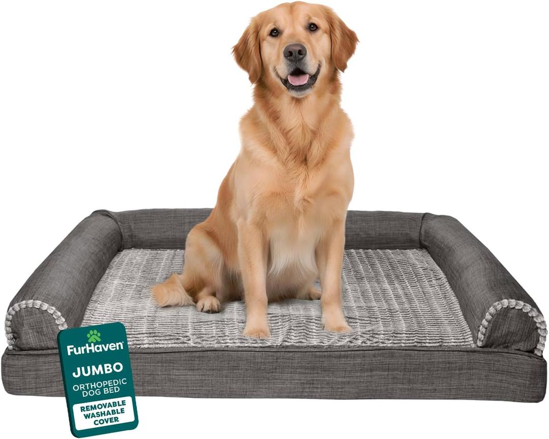 Furhaven Orthopedic Dog Bed for Large Dogs w/ Removable Bolsters & Washable Cover, For Dogs Up to 95 lbs - Luxe Faux Fur & Performance Linen Sofa - Charcoal, Jumbo/XL