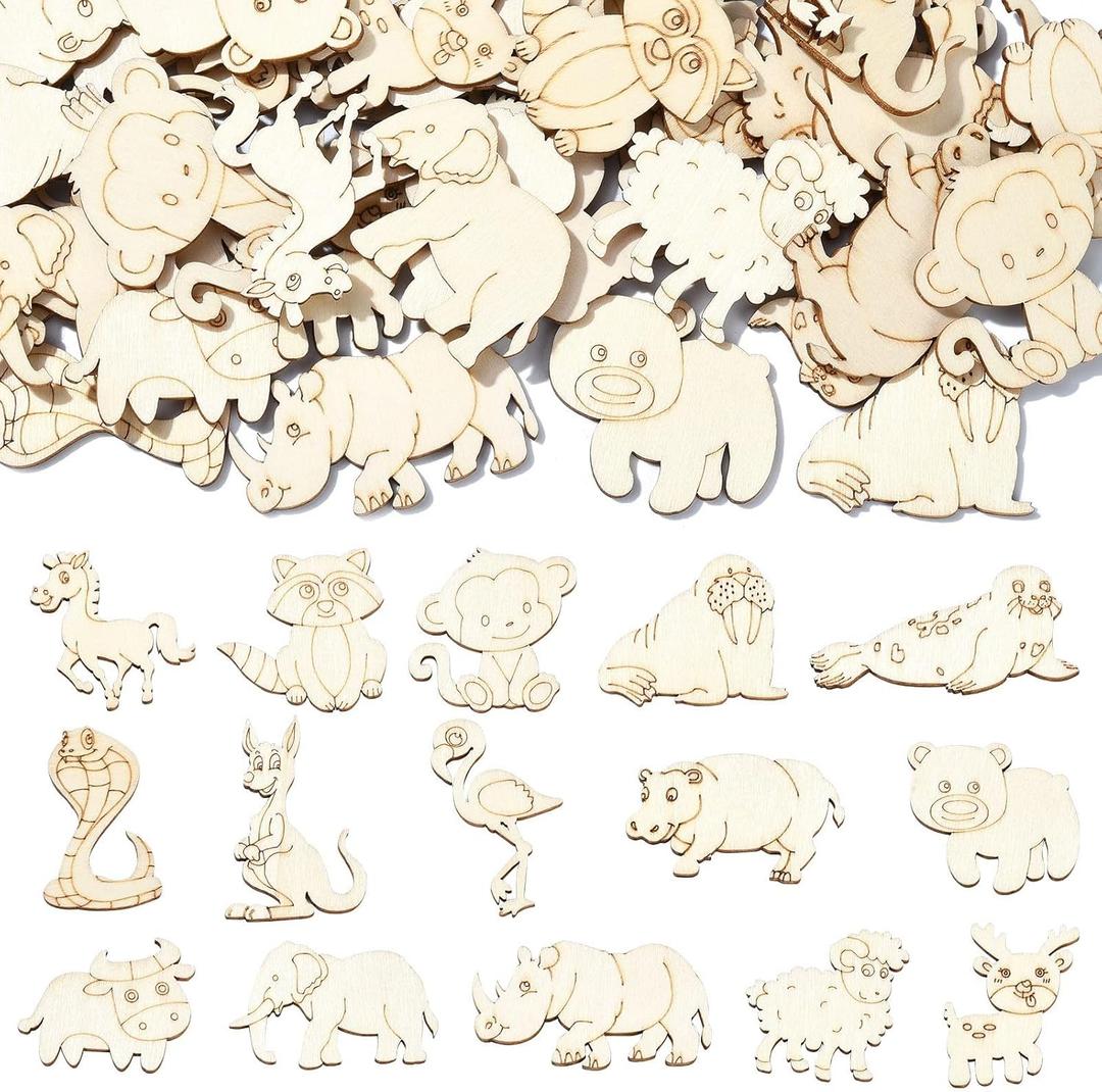 UR URLIFEHALL 100 Pcs Unfinished Wooden Animal Cutouts Cute Blank Wood Slices for Home Garden Decor DIY Paint Crafts Embellishments