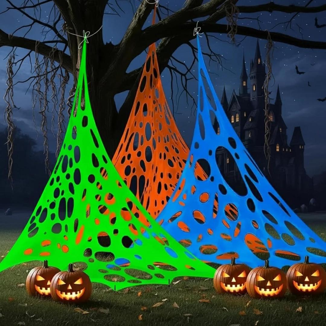 HyperFun 3 Color Spider Webs Halloween Decorations 700 Sqft Beef Netting Roll Spider Web Decoration Cut It Yourself Stretchy Cobwebs Spiderweb Decor for Haunted House Porch Yard Party Outdoor (Orange Green White & Blacklight)