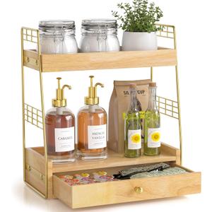 Coffee Bar Station Organizer with Built-In Drawer, 2-Tier Countertop Shelf for Tea Bags, Coffee Accessories, Syrup Bottles (Natural)