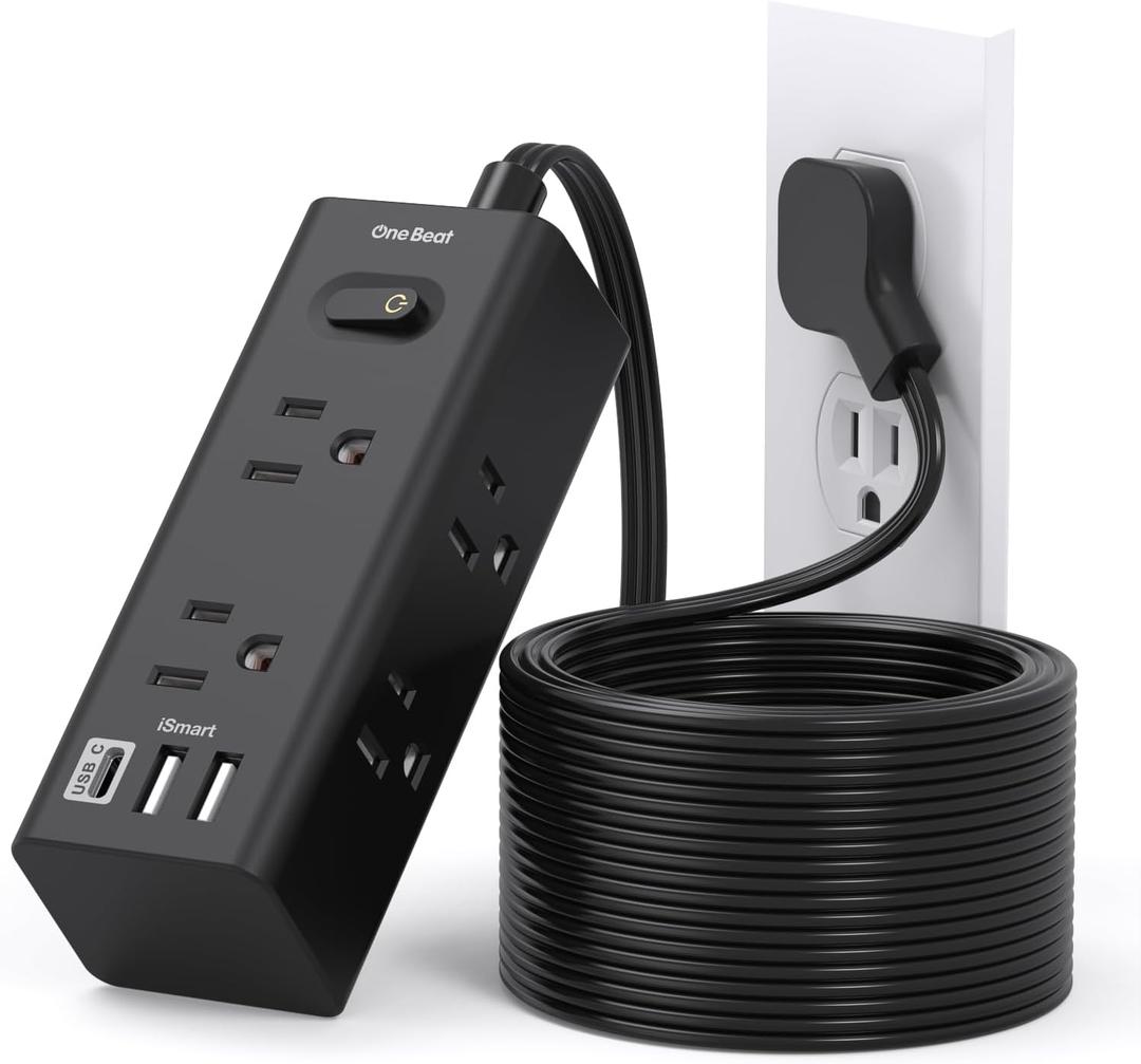 15Ft Extension Cord with Multiple Outlets, Flat Plug Power Strip Surge Protector with 15 Ft Long Cord, 6 Outlet 3 USB Ports (1 USB C), Multi Outlet Wall Plug for Travel, College, Dorm Essentials-Black