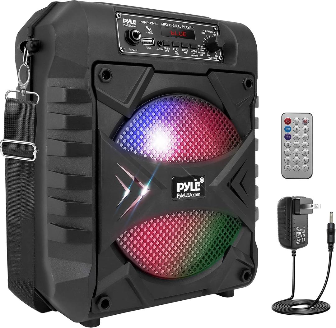 Pyle Portable Bluetooth PA Speaker System - 300W Rechargeable Indoor/Outdoor Bluetooth Speaker Portable PA System w/ 8 Subwoofer, AUX, Microphone in, Party Lights, MP3/USB, Radio, Remote PPHP854B (Black)