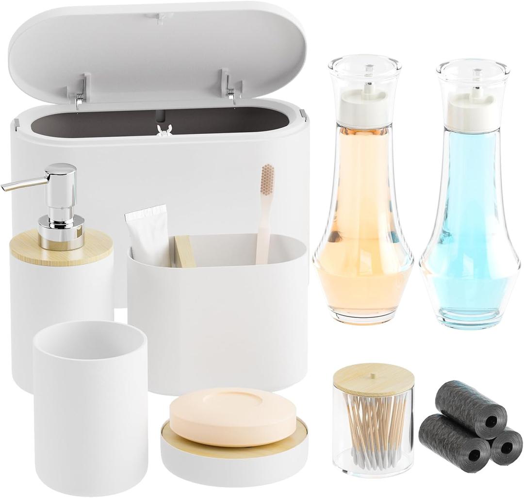 11-Piece White Bathroom Set with Mini Trash Can & Glass Mouthwash Dispenser - Modern Farmhouse Organizer with Soap Dispenser, Toothbrush Holder & Apothecary Jars for Sink Counter