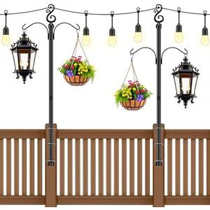2 Pack String Light Poles for Deck 5Ft Metal Poles Fence/Railing Mount Outdoor Handrail Stand with Hanging Hooks 1" Diameter for Outside Patio Backyard Garden Wedding Party