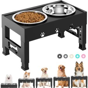 Elevated Dog Bowls with 2 Stainless Steel Bowls, Raised Dog Food Bowl Stand 5 Height Adjustable (3.1", 9", 10", 11", 12") Non-Slip Feeder Station Set for Medium and Large Dogs - Black