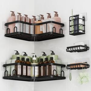 Veken Corner Shower Caddy 5-Pack, Advanced Rustproof Design, No Drilling Adhesive Shelves, Rack with Soap Holder, Bathroom Organizers and Storage, Wall-Mounted Kitchen&Home Decor,Black,Gifts for Mom