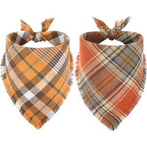 Vivifying Thanksgiving Dog Bandana, 2 Pack Fall Halloween Classic Plaid Dog Scarf with Tassels Edges, Funny Pet Apparel & Accessories Costume for Photo Prop, and Party Decor (Large, Yellow&Orange)