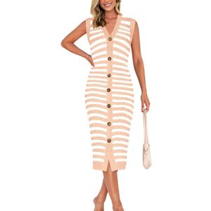 BTFBM Casual Women Spring Dresses 2025 Sleeveless Striped Midi Button Down Dress Ribbed Knit Cardigan Cover Up Dress (S)