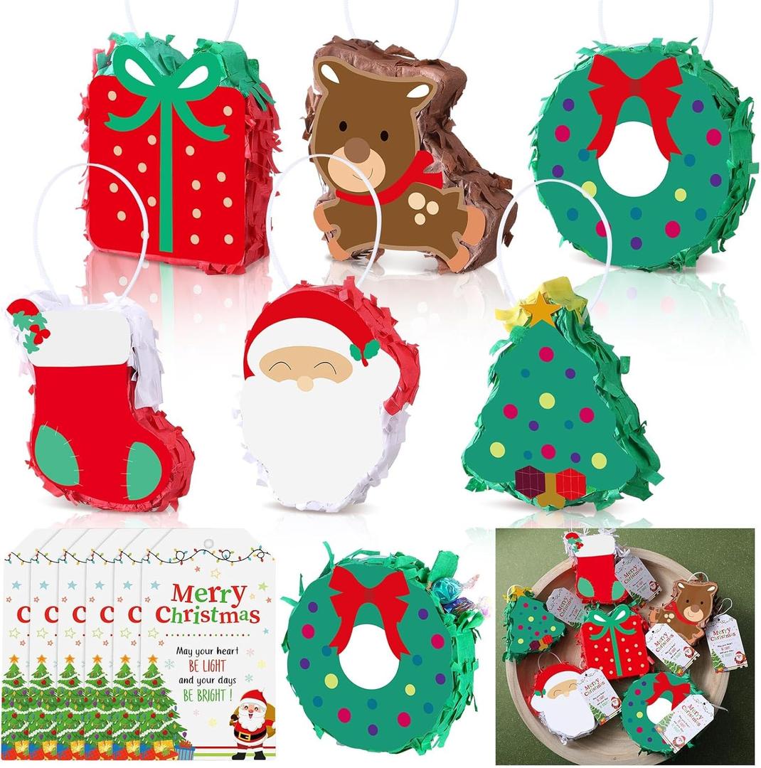 Poen 6 Pcs Mini Christmas Piata with Greeting Card Christmas Trees Stockings Santa Claus Gift Boxes Reindeer Piata for Xmas Party Decorations Cute Xmas Party Supplies