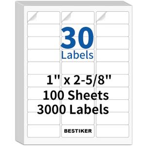 [100 Sheets 3000 Labels] BESTIKER Address Labels 1 x 2-5/8 Shipping Mailing Labels 30 per Page Printable FBA Barcode Label, Laser & Inkjet Printer Labels 30up White