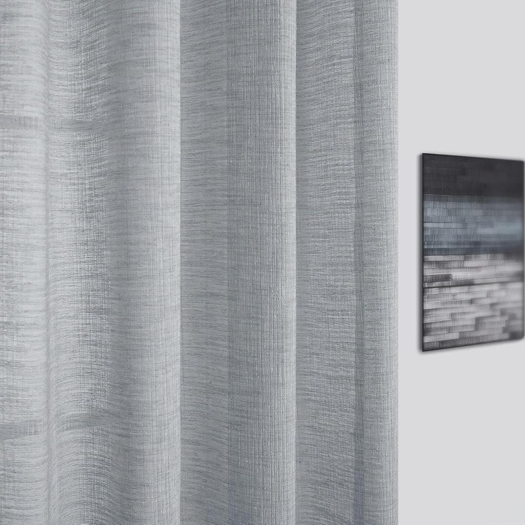 White Grey Curtains 53 x 60 for Living Room 1 Panel Grommet Semi Sheer Window Drapes Burlap Linen Textured Light Filtering Gray Farmhouse Curtain for Bedroom Decor 