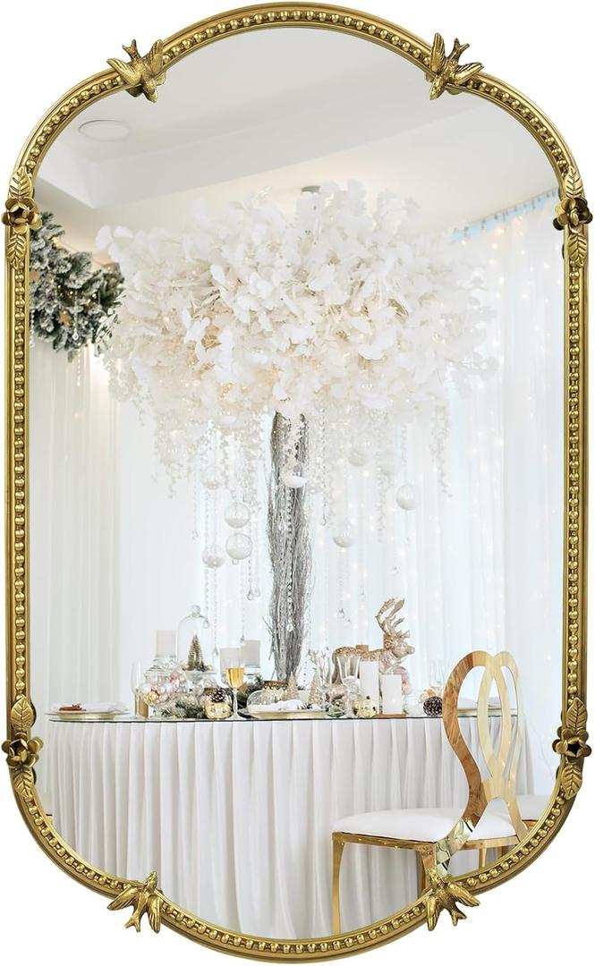 Gold Oval Wall Mirror, 19"x32" Metal Beaded Frame Decorative Mirror, Cute Flower Bird Pattern Vintage Scalloped Hanging Vanity Mirror for Bathroom, Living Room, Bedroom, Entryway