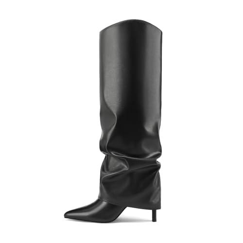 Vaslemuse Womens Knee High Boots Fold Over Stiletto Heels Slouchy Boots Pointed Toe Sexy Long Boots Shark Tall Shoes with Side Zipper - Black 6.5