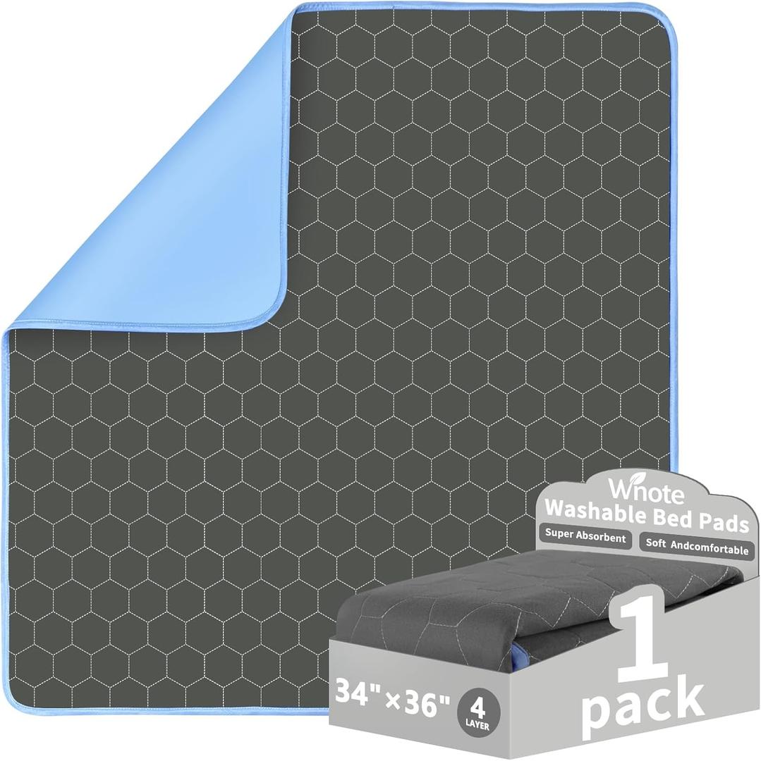 Wnote Leakproof Reusable Underpads (34"x36", 1 Pack) - Washable Stain-Hiding Incontinence Bed Pads, Heavy Absorbency Bedwetting Mattress Protector for Kids & Adults - Dark Gray