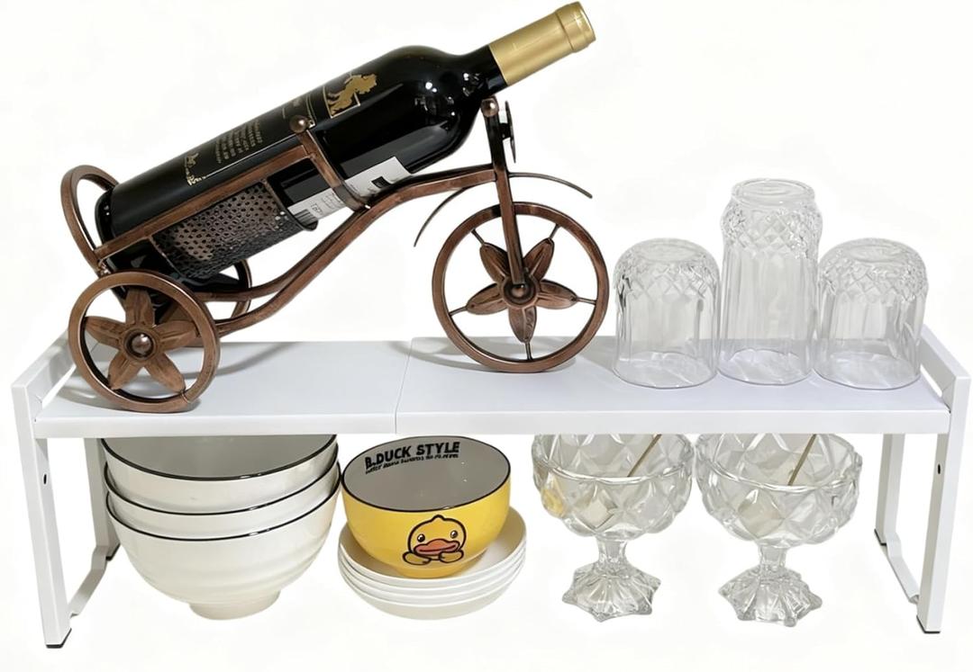 Expandable Cabinet Shelf Organizer 16-26" L Stackable Kitchen Counter Shelf Rack Stand Sink Riser Countertop Storage White (Narrow 5.1D)