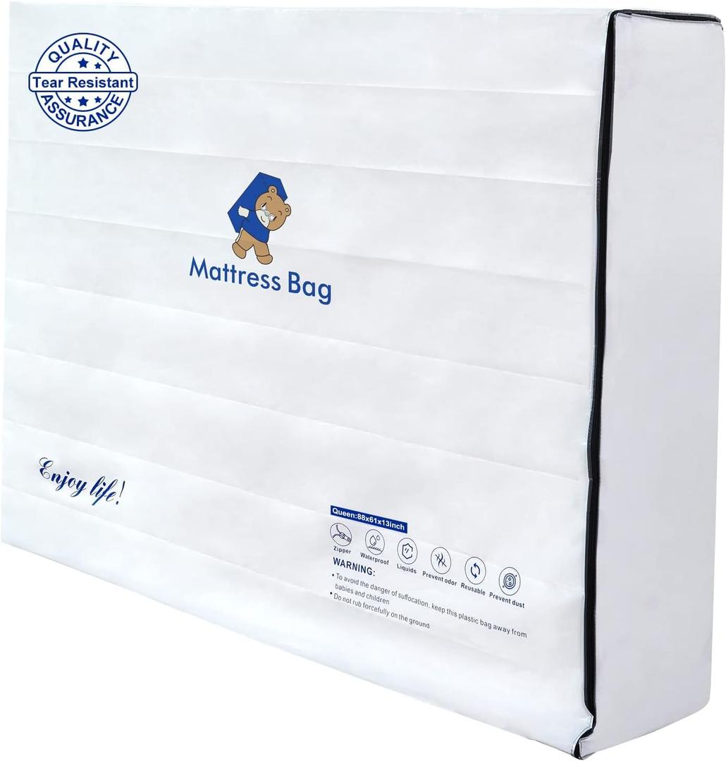 Plastic Mattress Bag for Moving Storage, 6 Mil Waterproof Zippered Mattress Cover, Mattress Protector for Moving Supplies - Queen Size (White)