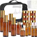 26 Pack TSA Approved Glass Travel Skincare Containers, 2/1.7/1.35/0.7/0.5/0.3oz Refillable Traveling Size Containers with Pump, Jars & Essential Oil Bottle, Leak-Proof for Creams & Liquids (EXP 07/15/26)