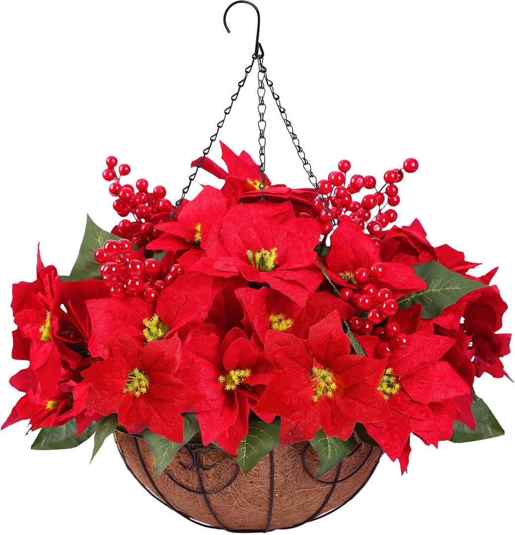 Artificial Christmas Poinsettia Flowers with Hanging Basket for Outdoor Decoration with Holly Berries Red Velvet Fake Plants Faux Silk Christmas Flowers for Home Porch Garden Patio Xmas Decor