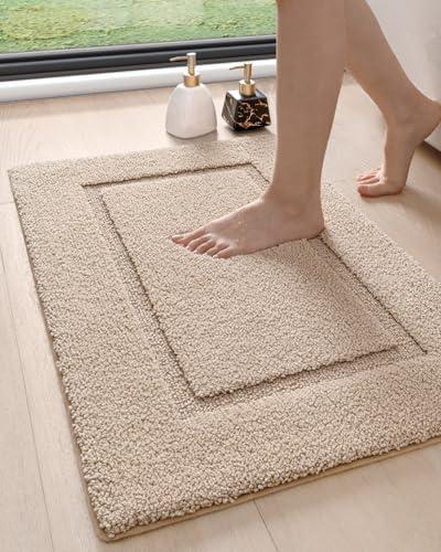 DEXI Bathroom Rugs 24x16, Washable Non Slip Bath Mat for Shower Floor, Absorbent Quick Dry Bathmat with Rubber Backing, Ultra Soft Plush Carpet for Tub, Beige