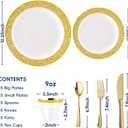 150 Count Gold Plastic Dinnerware Set, Elegant Disposable Include: 25 Gold Lace Plastic Plates, 25 Dessert Plates, 25 Forks, 25 Knives, 25 Spoons, 25 Cup, Ideal for Party, Birthday and Thanksgiving