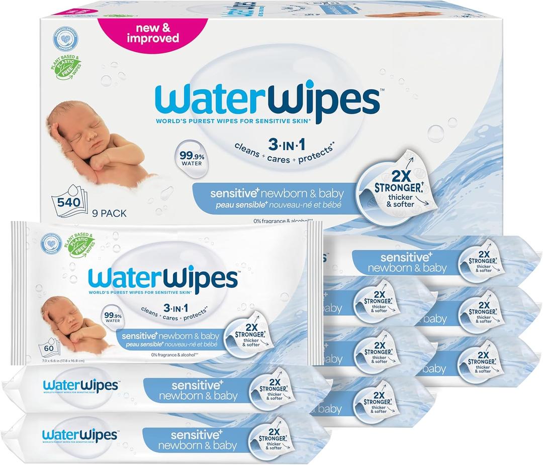 WaterWipes Sensitive+ Newborn & Baby Wipes, 3-In-1 Cleans, Cares, Protects, 99.9% Water, Unscented & Hypoallergenic, 540 Count (8 Pack)