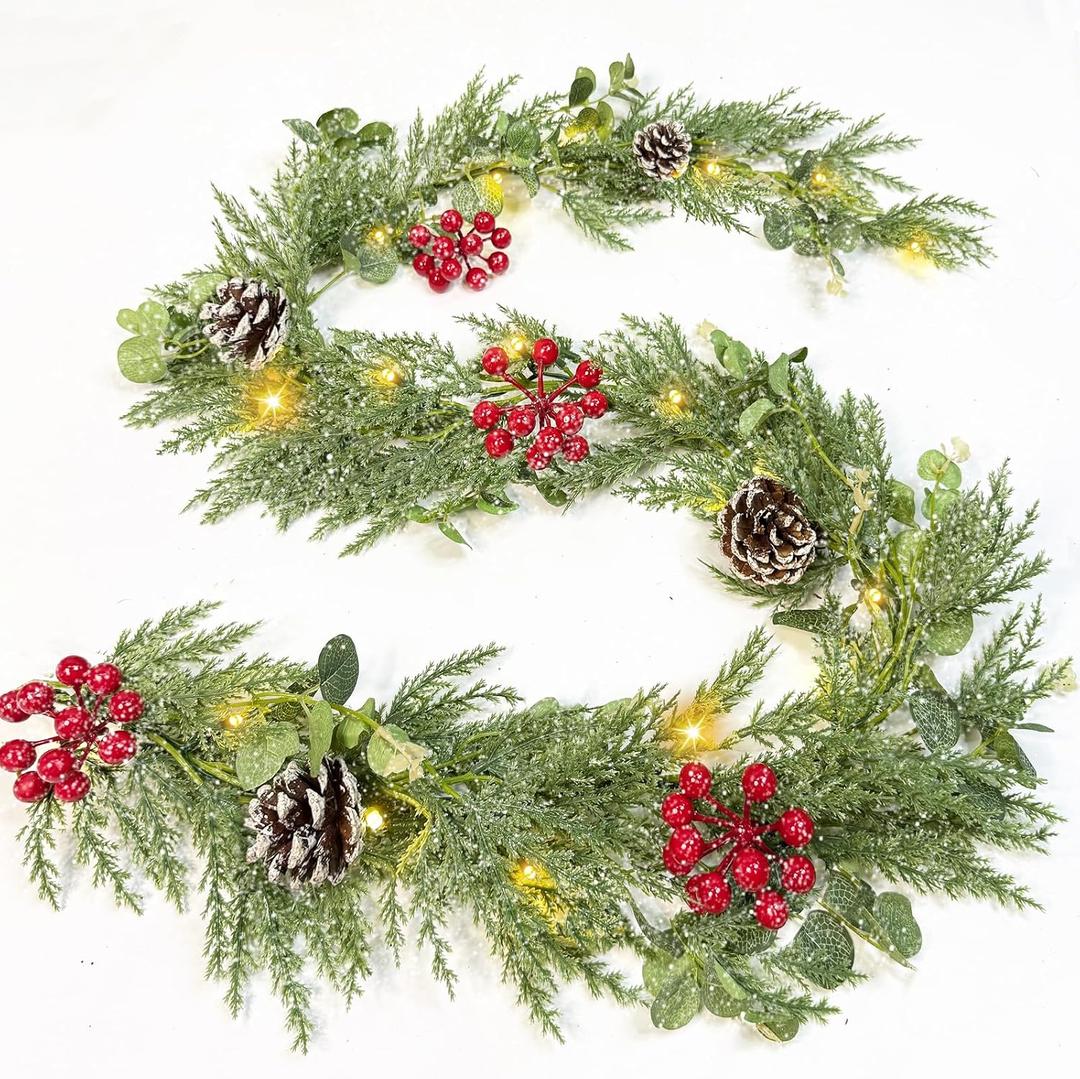 [Snowy & Timer] 6 Ft Prelit Christmas Garland, Real Touch Cedar Garland with Lights,115 Cedar Branchs 25 Eucalyptus Leaves Red Berry Snowy Pinecones Garlands for Mantel Fireplace Table Christmas Decor