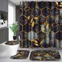 Poedist 4 Pcs Bathroom Shower Curtain Set,Bathroom Sets with Rugs(Bath Mat,U Shape and Toilet Lid Cover Mat) and 12 Hooks,Honeycomb Marble Grey Black