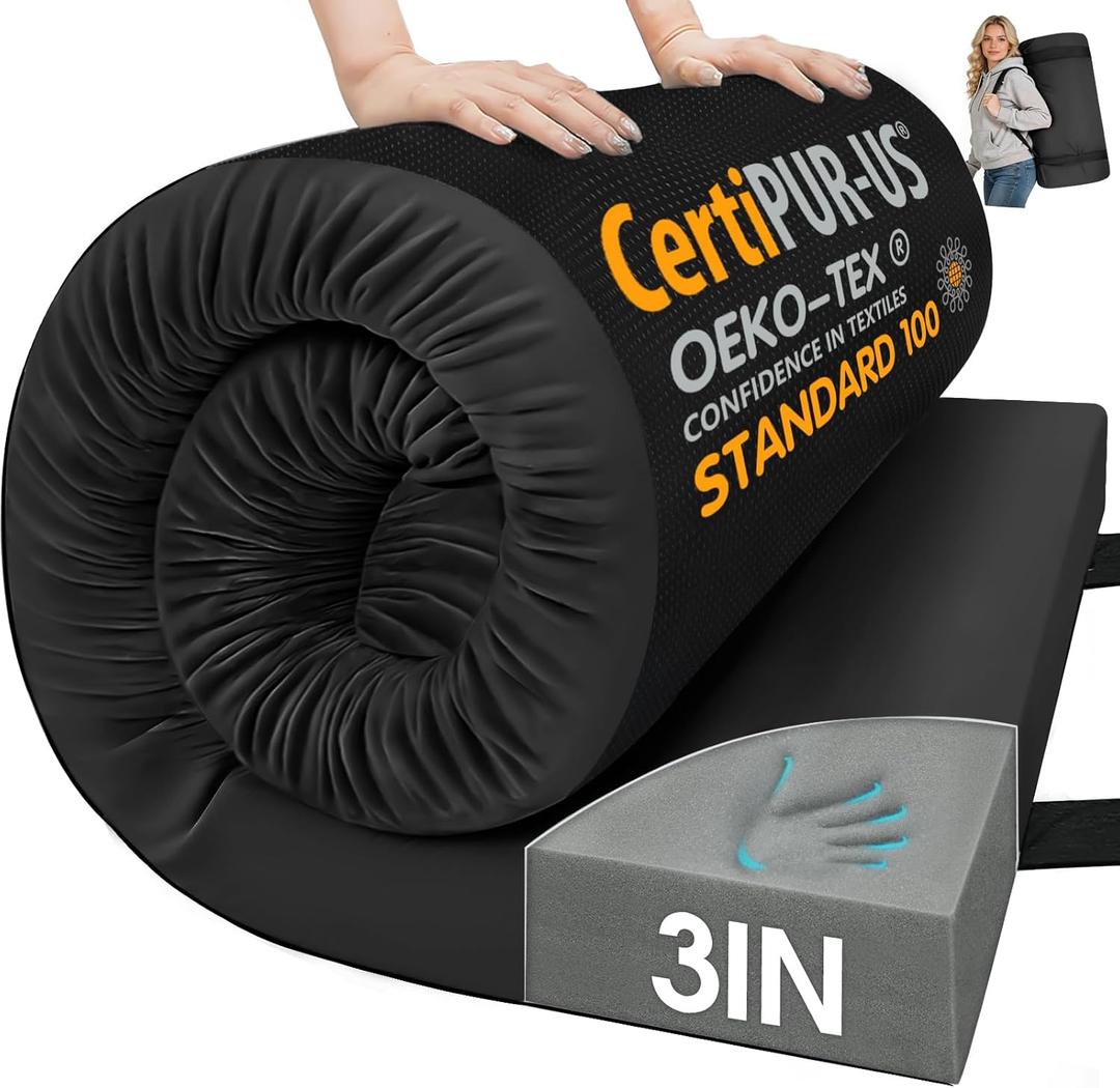 CYMULA Memory Foam Camping Mattress Pad,3inch Sleeping Pad for Camping,Non-Slip Bottom Floor Cot Car Mattress Bed with Retaining Portable Roll up Mattress Pad Mat for Travel Truck Guest Bed Tent (Twin XL:80*38*3, BLACK)